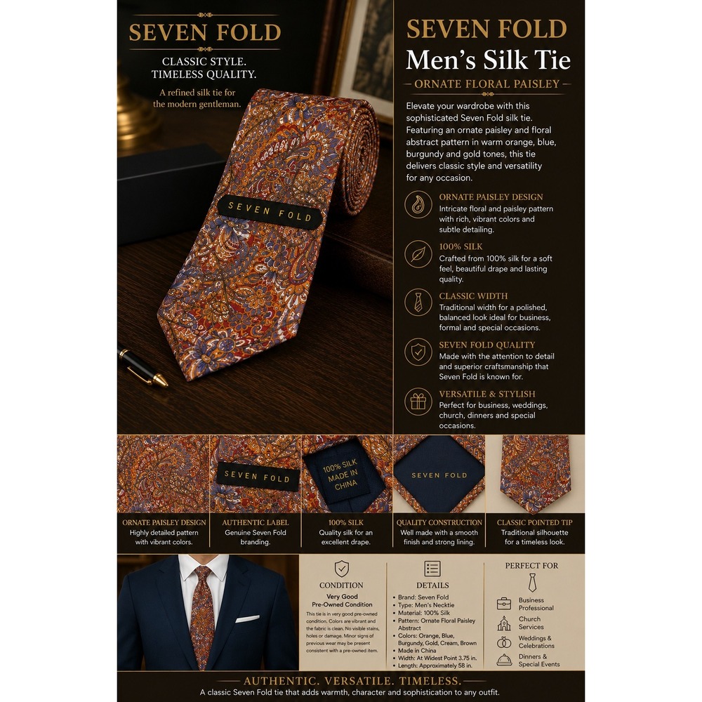 Seven Fold Mens Silk Tie Orange Purple Gold Paisley Floral Brocade Woven Luxury